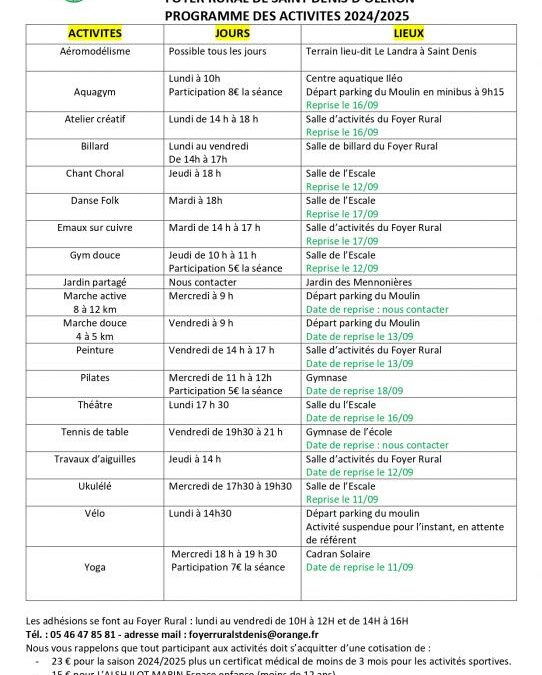 PROGRAMME DES ACTIVITES 2024-2025 – DATE DE REPRISE