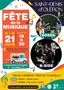 FÊTE DE LA MUSIQUE – Dimanche 21 juin à partir de 19h30 – Place du marché de SAINT-DENIS D’OLÉRON